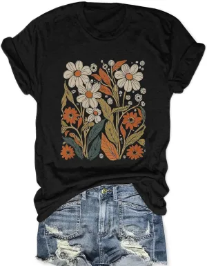 Women Boho Wildflower Shirts Funny Flower Plant T Shirt Cute Daisy Graphic Tees Short Sleev Vacation Tops