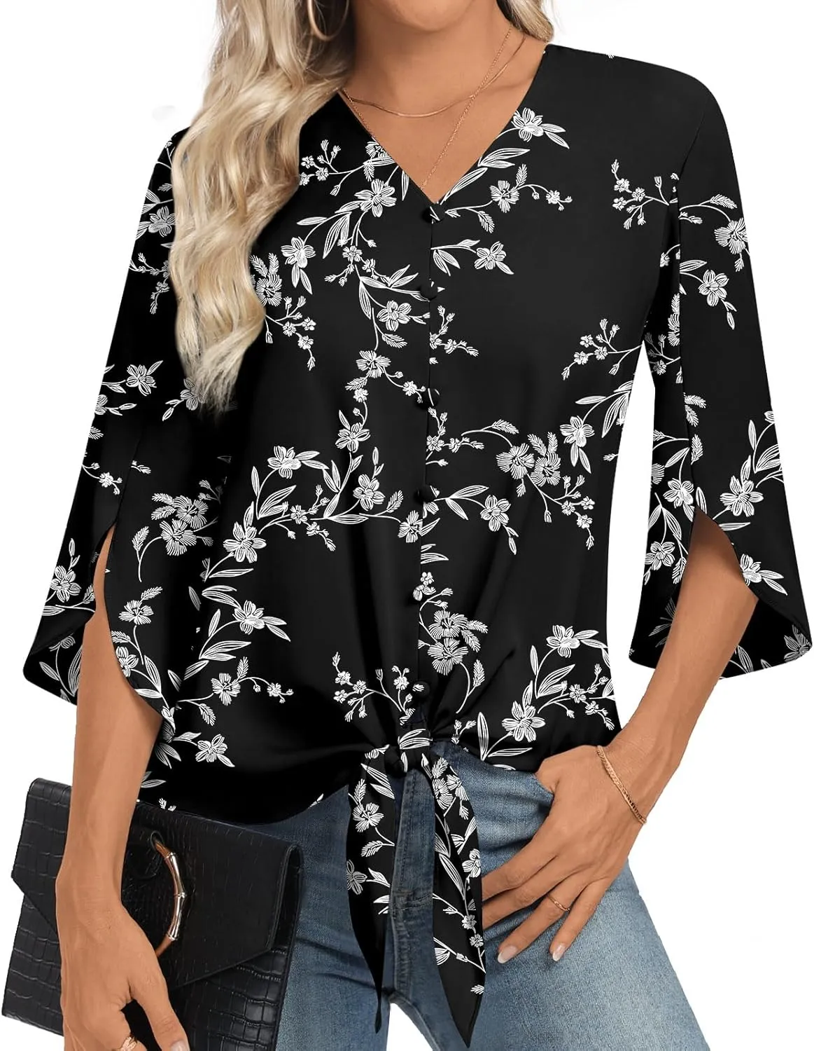 Womens 2025 Casual Summer Tops V-Neck Button Down Shirts Loose Fit Tunic Blouses