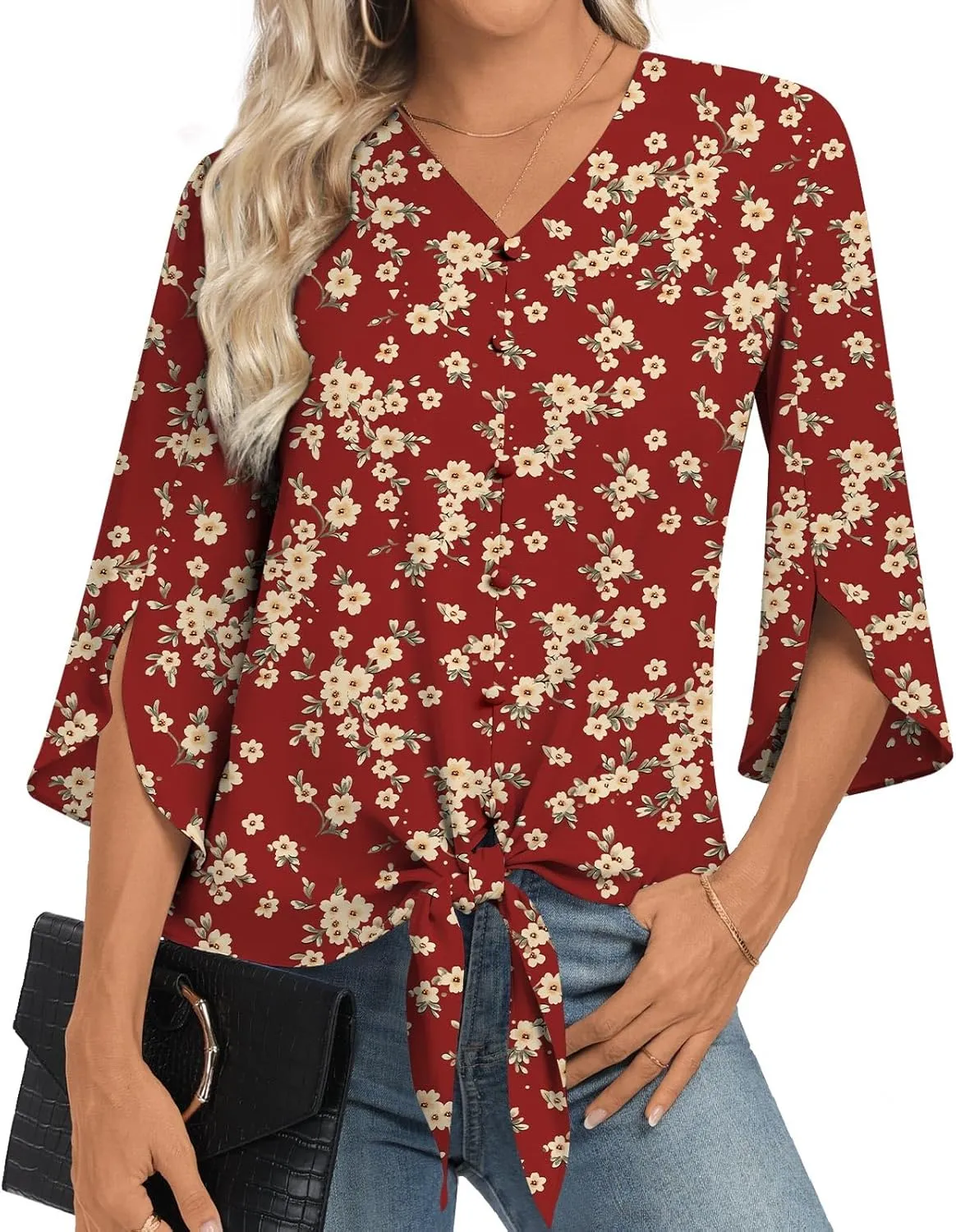 Womens 2025 Casual Summer Tops V-Neck Button Down Shirts Loose Fit Tunic Blouses