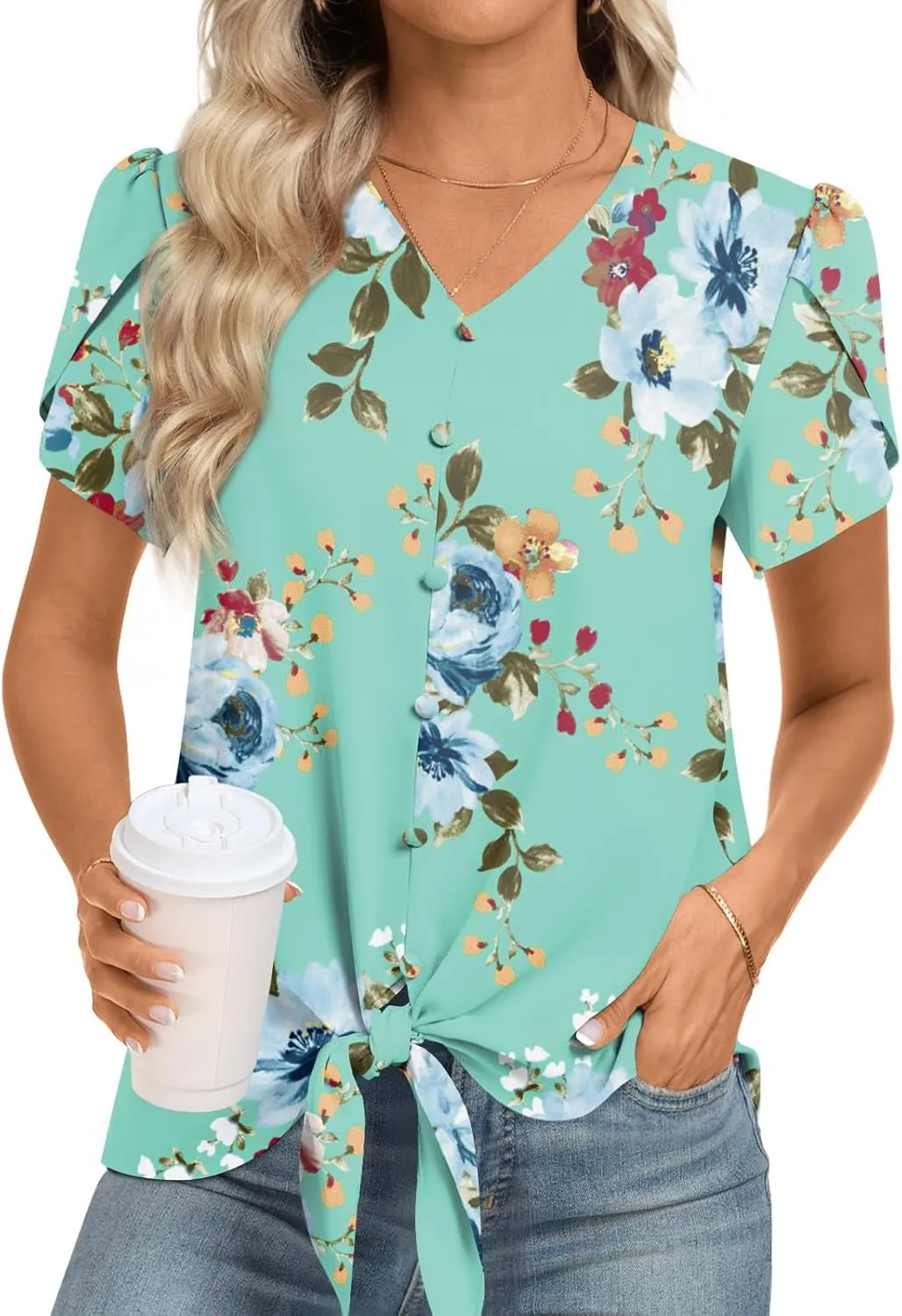 Womens 2025 Casual Summer Tops V-Neck Button Down Shirts Loose Fit Tunic Blouses