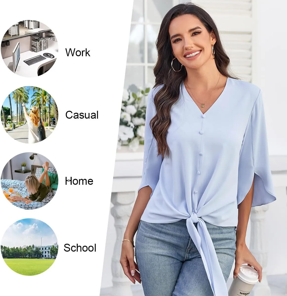 Womens 2025 Casual Summer Tops V-Neck Button Down Shirts Loose Fit Tunic Blouses