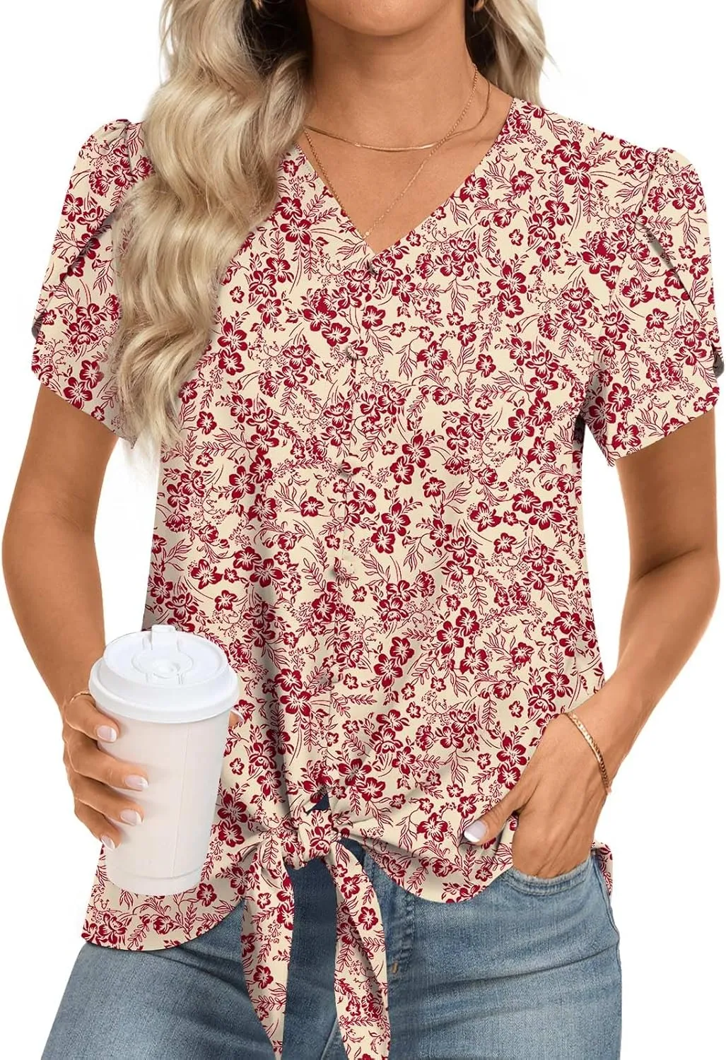 Womens 2025 Casual Summer Tops V-Neck Button Down Shirts Loose Fit Tunic Blouses