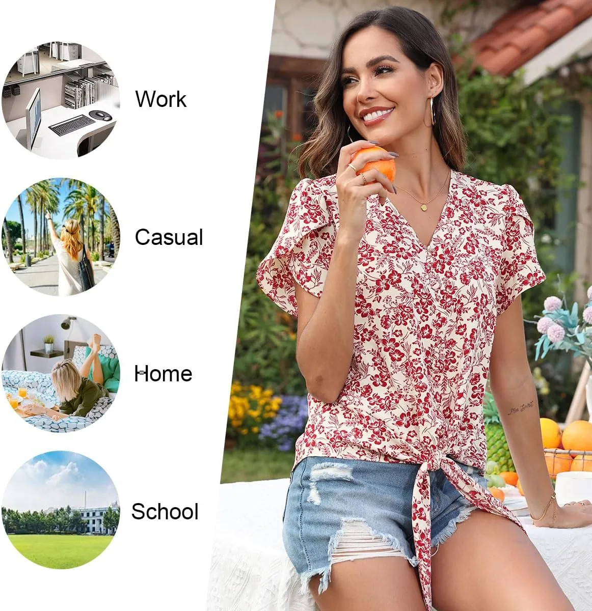 Womens 2025 Casual Summer Tops V-Neck Button Down Shirts Loose Fit Tunic Blouses