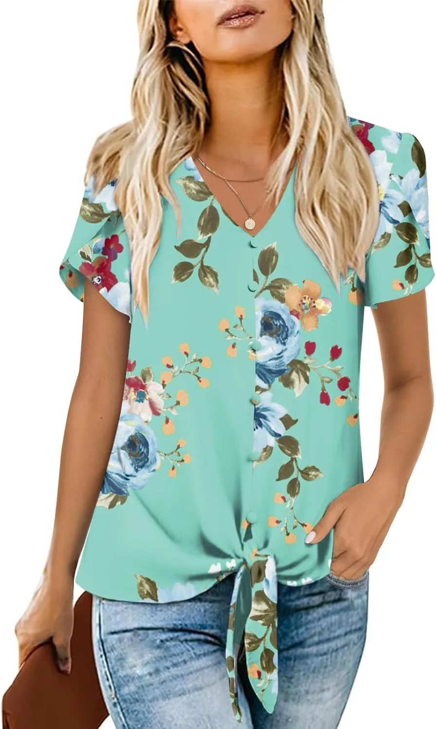 Womens 2025 Casual Summer Tops V-Neck Button Down Shirts Loose Fit Tunic Blouses
