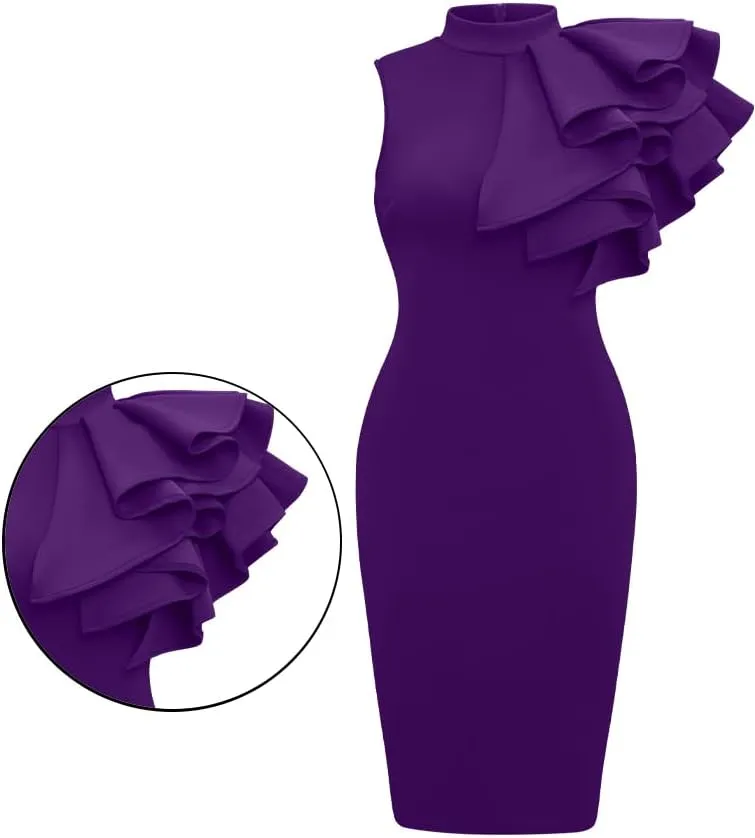 XXTAXN Women's Cocktail Bodycon Ruffle Sleeveless Formal Midi Pencil Dress