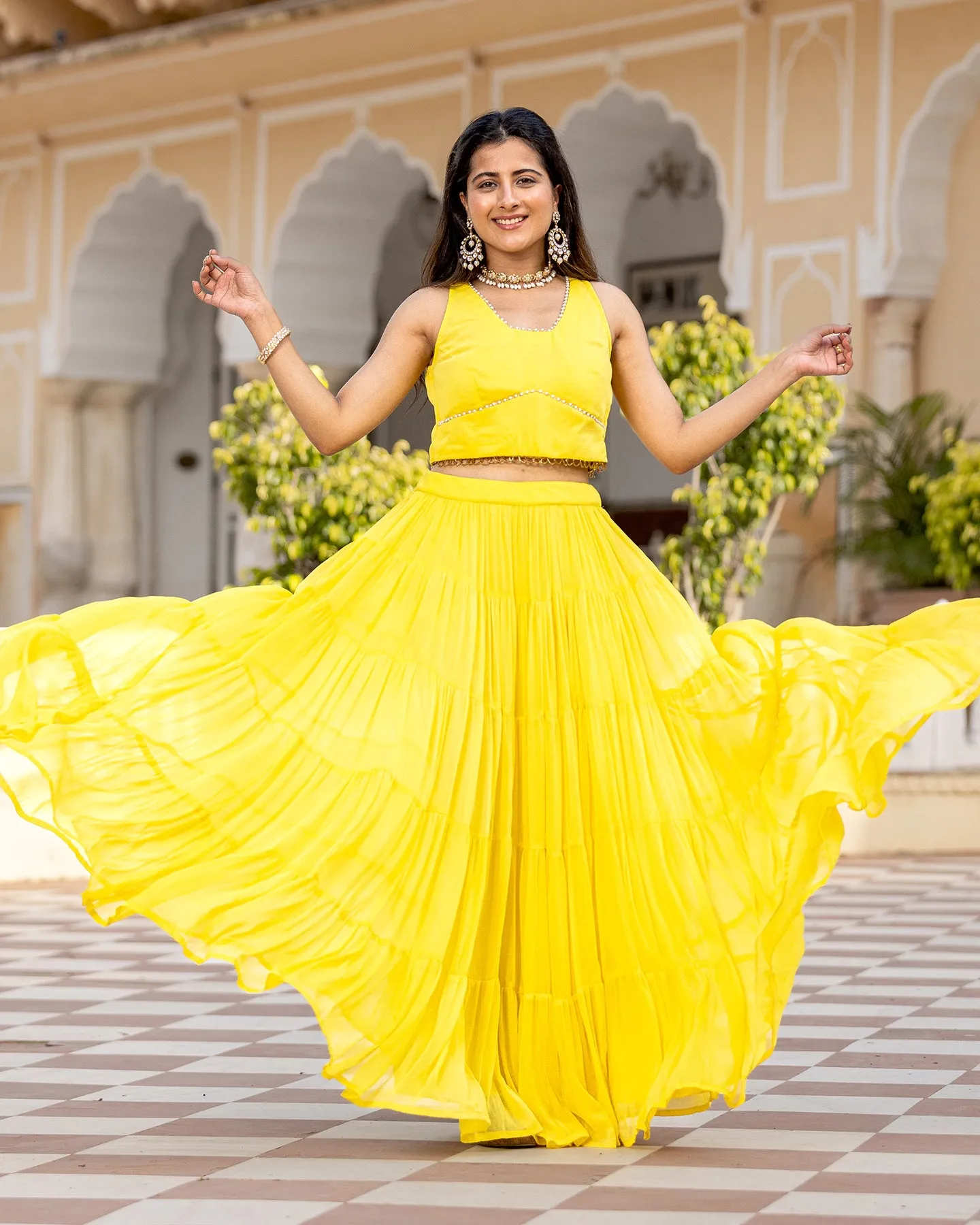 Yellow Crop-top & Tiered Skirt Set