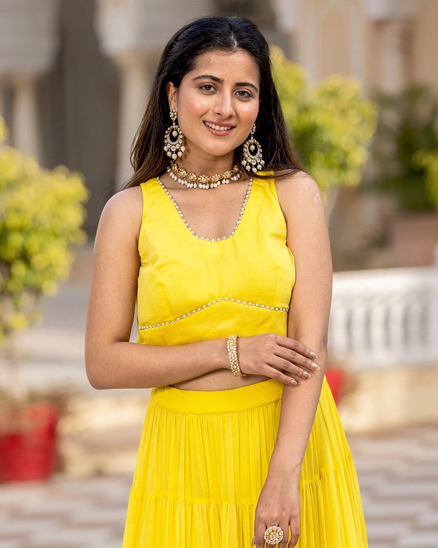 Yellow Crop-top & Tiered Skirt Set