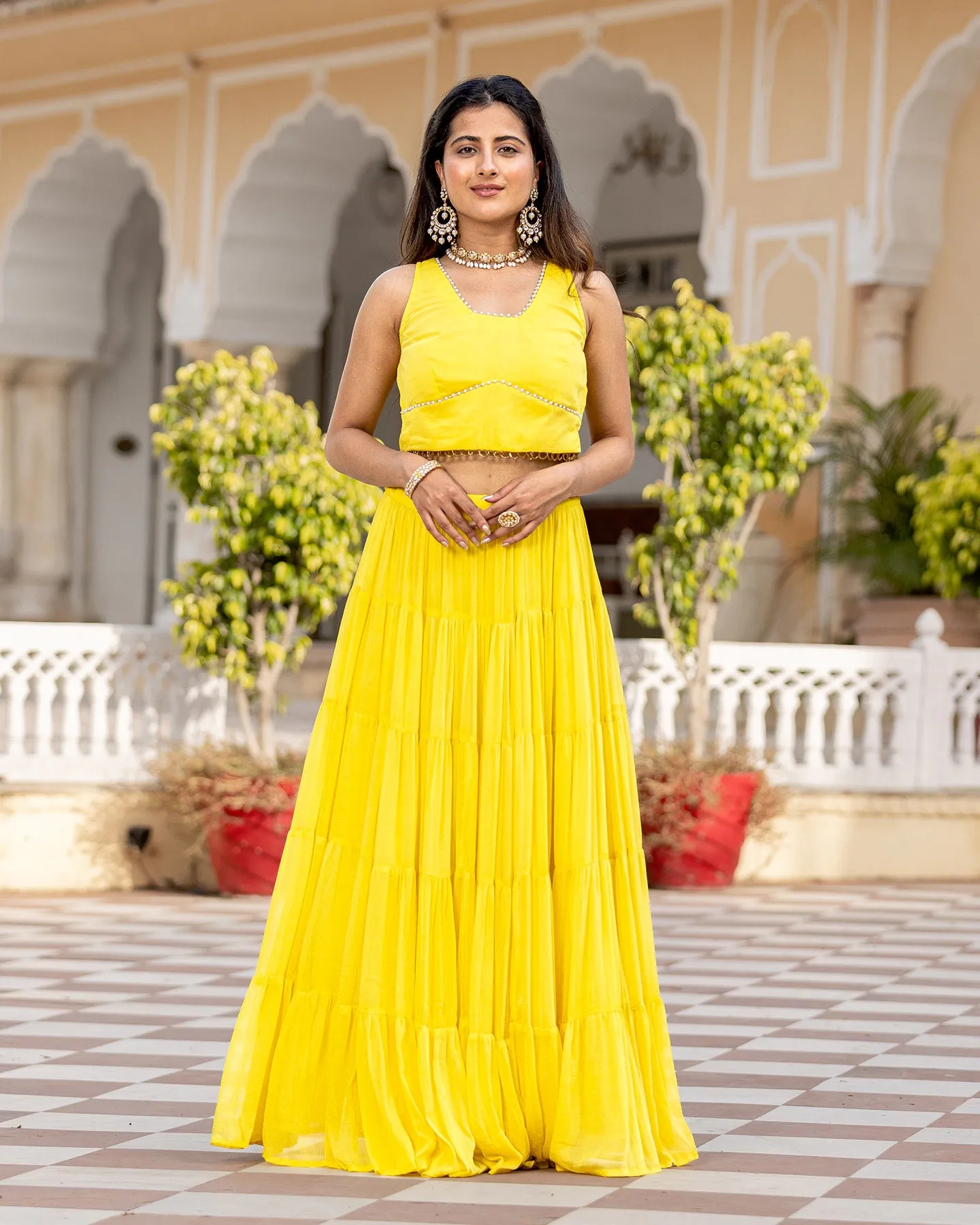 Yellow Crop-top & Tiered Skirt Set