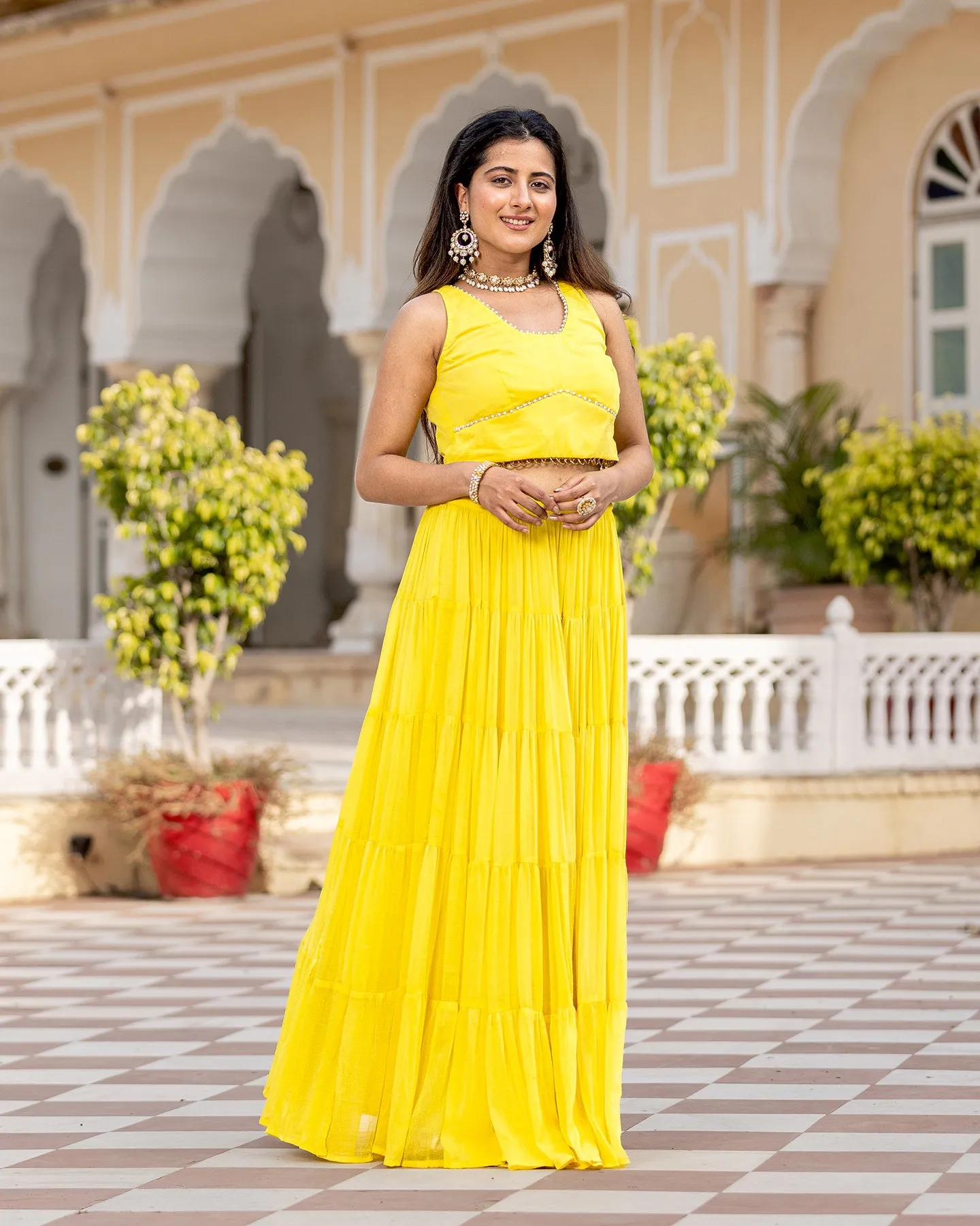 Yellow Crop-top & Tiered Skirt Set