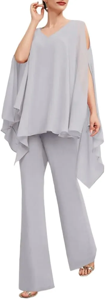 Zongqiven Womens Wedding Guest Pant Suit 2 Piece Set Formal Chiffon Evening Party Outfit
