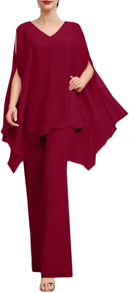 Zongqiven Womens Wedding Guest Pant Suit 2 Piece Set Formal Chiffon Evening Party Outfit