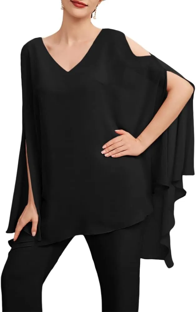 Zongqiven Womens Wedding Guest Pant Suit 2 Piece Set Formal Chiffon Evening Party Outfit