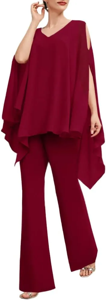 Zongqiven Womens Wedding Guest Pant Suit 2 Piece Set Formal Chiffon Evening Party Outfit